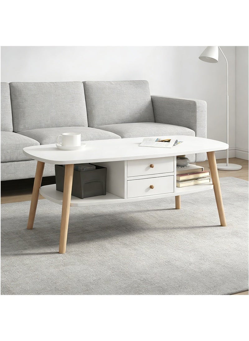 تابيت طاولة قهوة خشبية مزدوجة الطبقة مع الدرجات ، طاولة مركز بيضاوية بيضاوية لغرفة المعيشة ، طاولة نهاية بسيطة ووظيفية مع مساحة تخزين واسعة (100x50x42 سم ، أبيض) - Image 1